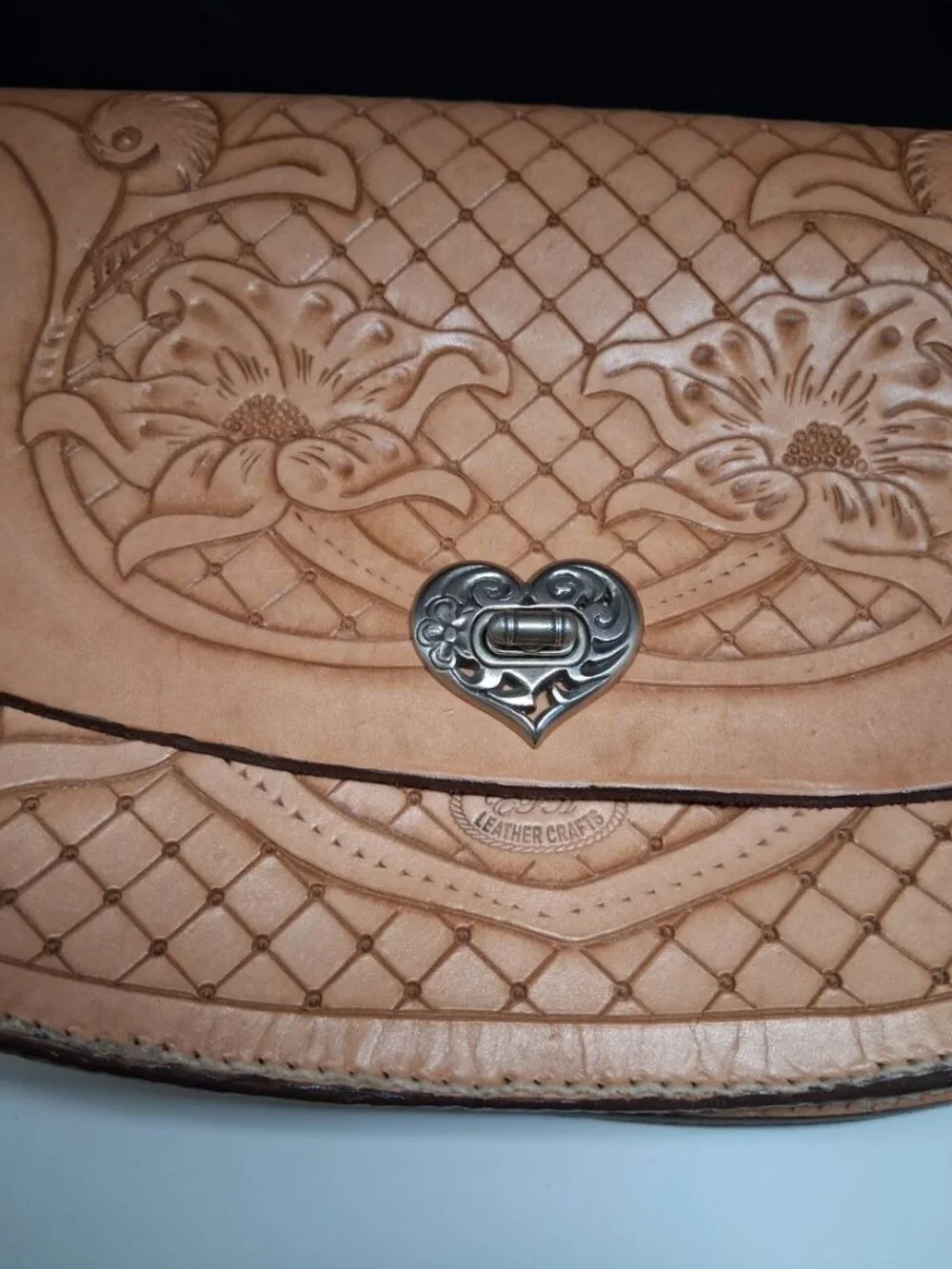 Vintage Tooled Leather Shoulder Bag Floral Design